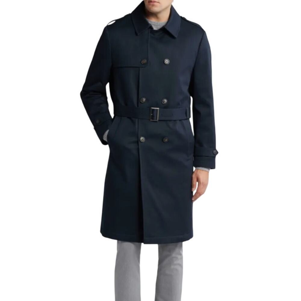 Hart Schaffner Marx Men's Trench Coat 48R Navy Double Breasted Rain Repellent
